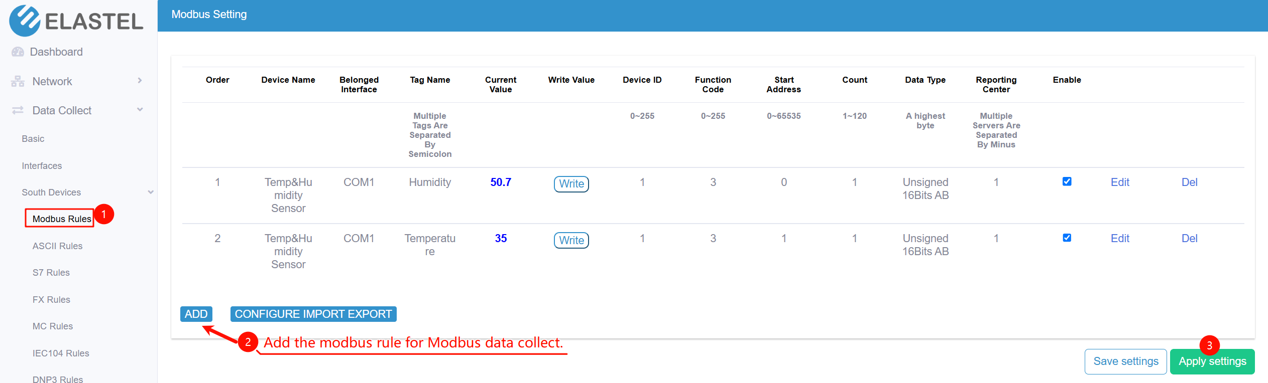 Modbus rule settings