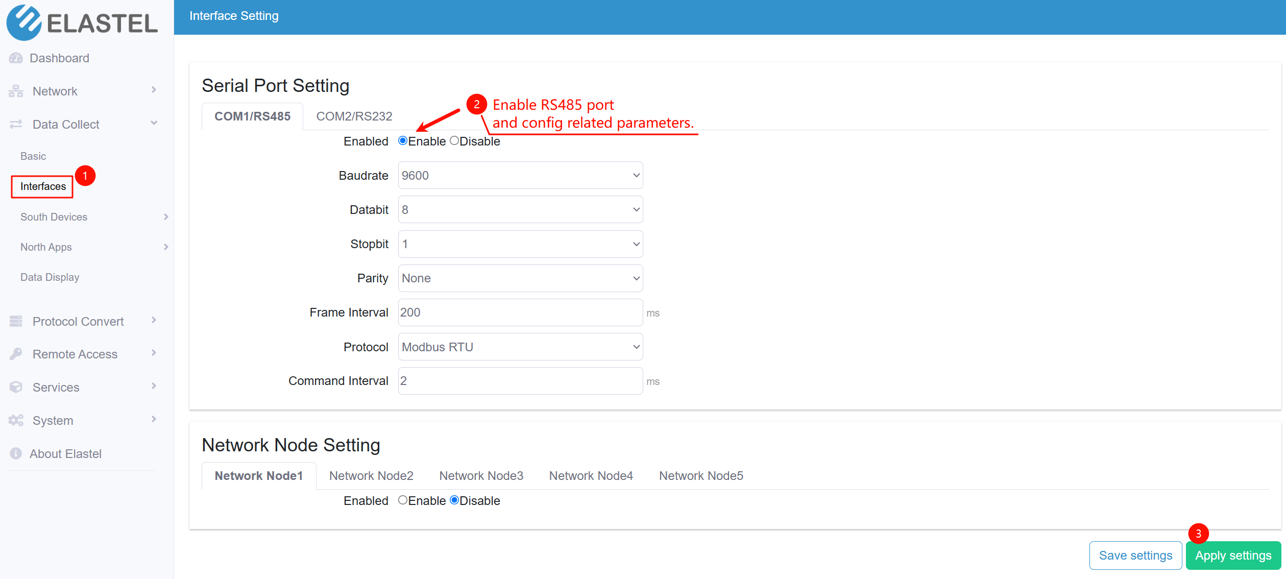 rs485 interface setting