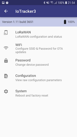 LoRaWAN menu screenshot