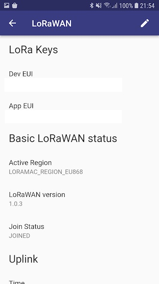 LoRaWAN status overview screenshot