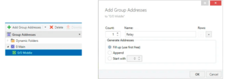 Click on "Add Group Addresses" and in the opened modal window fill in "Name" field with "Relay" value, click "OK" button.