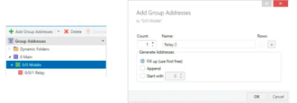 Click on "Add Group Addresses" and in the opened modal window fill in "Name" field with "Relay 2" value, click "OK" button.