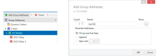 Click on "Add Group Addresses" and in the opened modal window fill in "Name" field with "Up/Dn" value, click "OK" button.