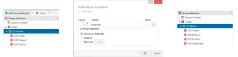 Click on "Add Group Addresses" and in the opened modal window fill in "Name" field with "Stop/Step" value, click "OK" button.