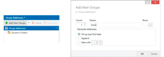 Under the projects tabs bar click on "Topology" dropdown list and select "Group Addresses" from the list. Click on "Add Main Groups" and in the opened modal window fill in "Name" field with "Main" value, click "OK" button.
