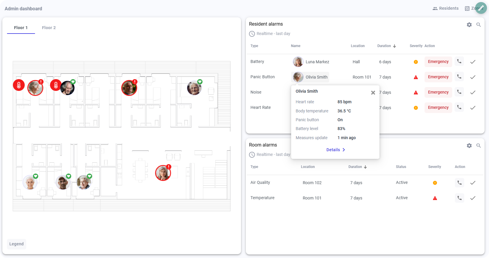 Assisted living dashboard with opened floor plan and residents alarms