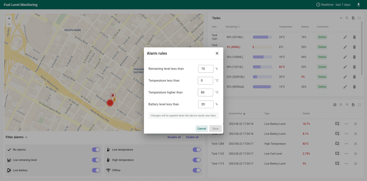 Alarm rules settings example