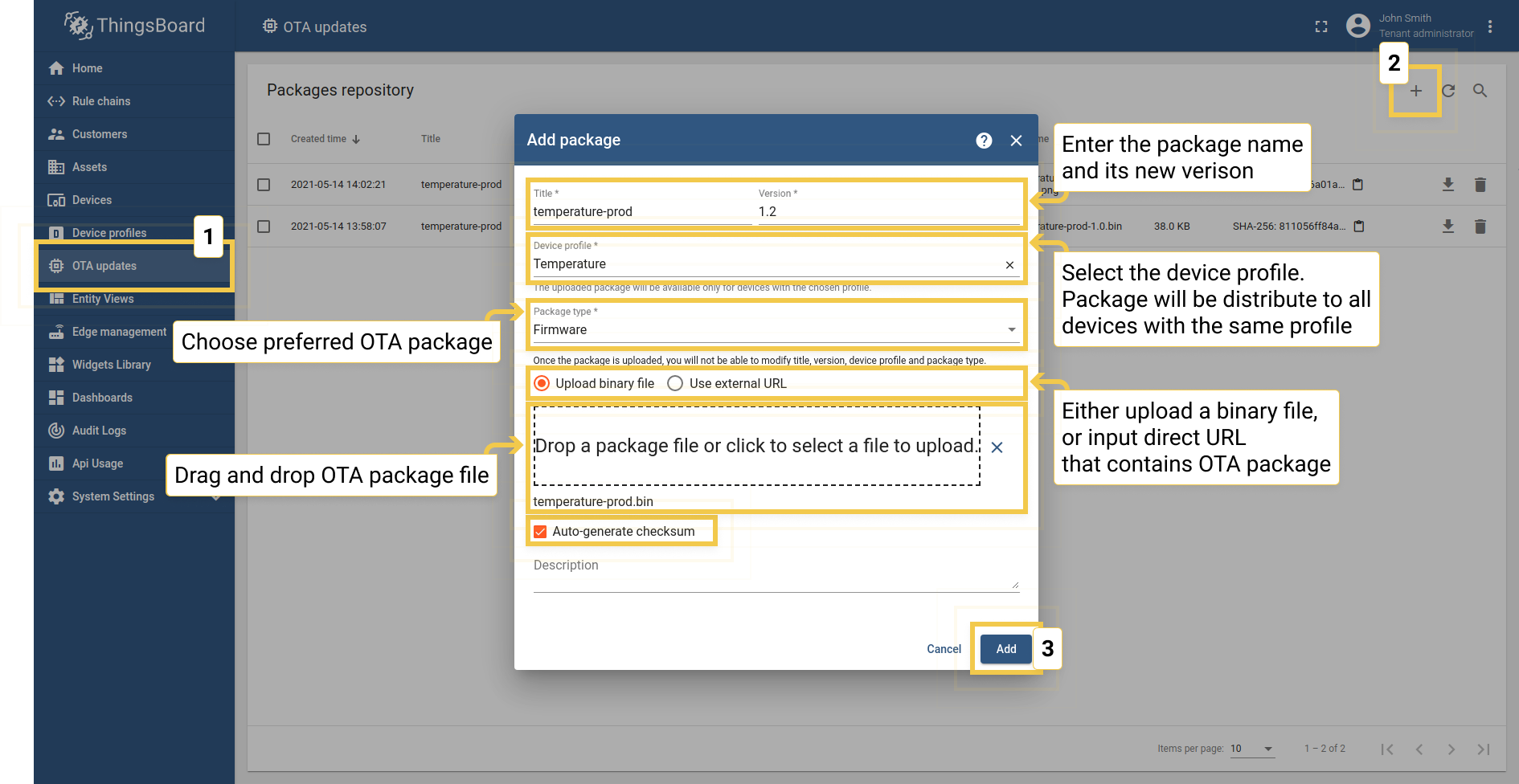You have to enter title and version; select type and device profile (this field we define what type of device this firmware will be available; choose file contains firmware. Optionally add checksum algorithm and checksum.