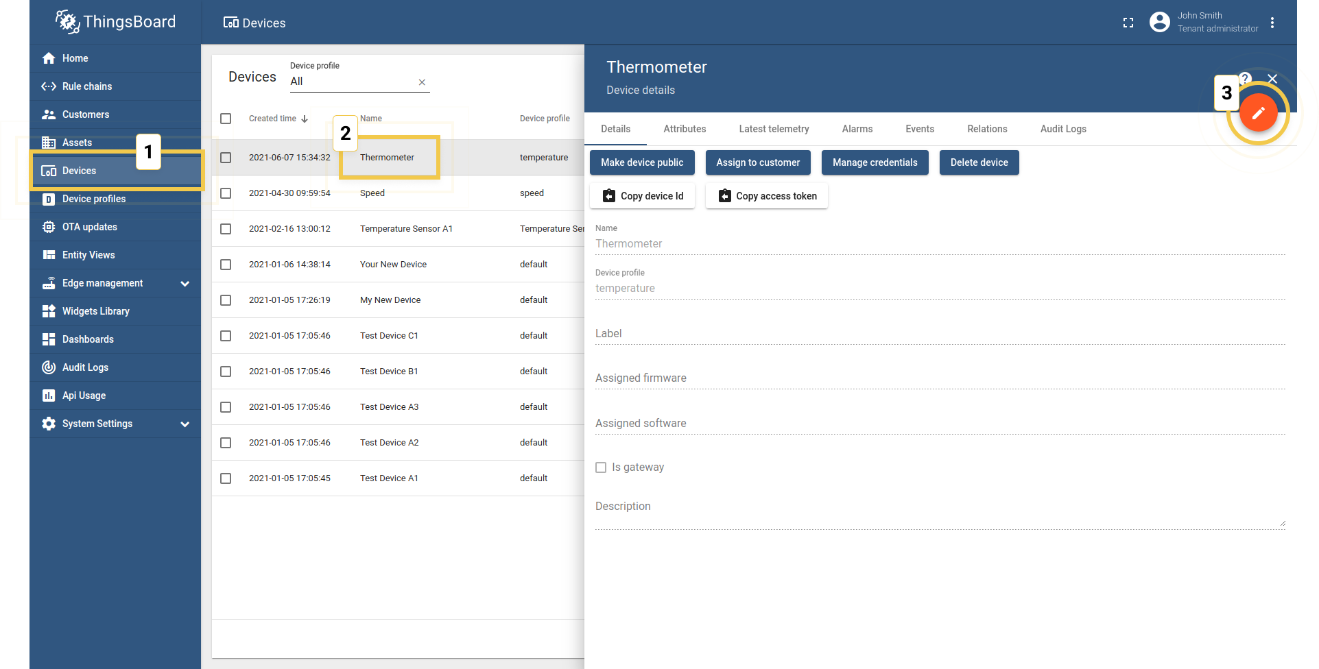Go to the Device page and open needed device details to edit its information.