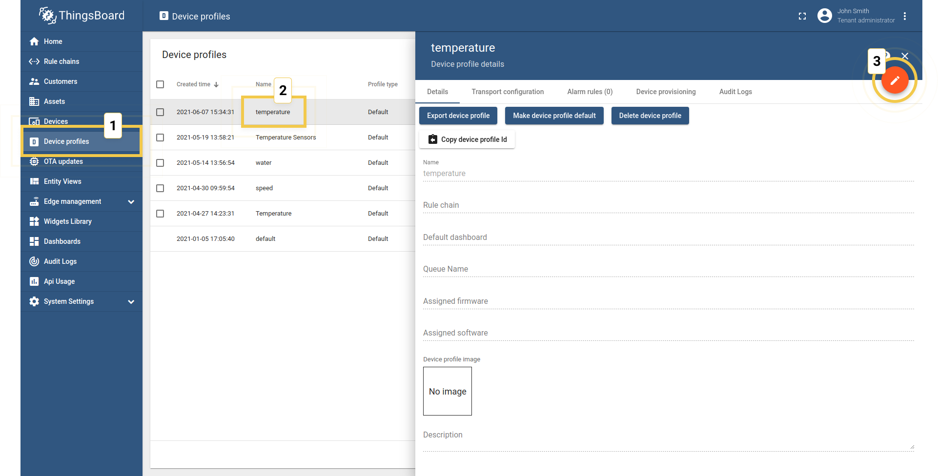 Go to the Device profile page and open needed device profile details to edit its information.