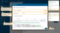 From the dropdown menu, select the type of action to be performed. In our case, it's "Place map item". Next, choose the type of map item to be placed — we'll be placing a "Marker". The custom action function field already contains a default function that opens a dialog for creating a device or an asset — exactly what we need. Then, click "Add".